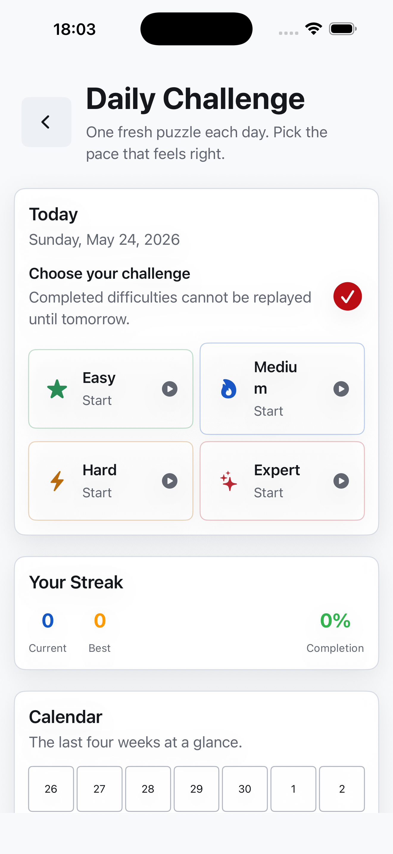 iSudoku daily challenges view displaying calendar tracking, streaks progress, and completion times.