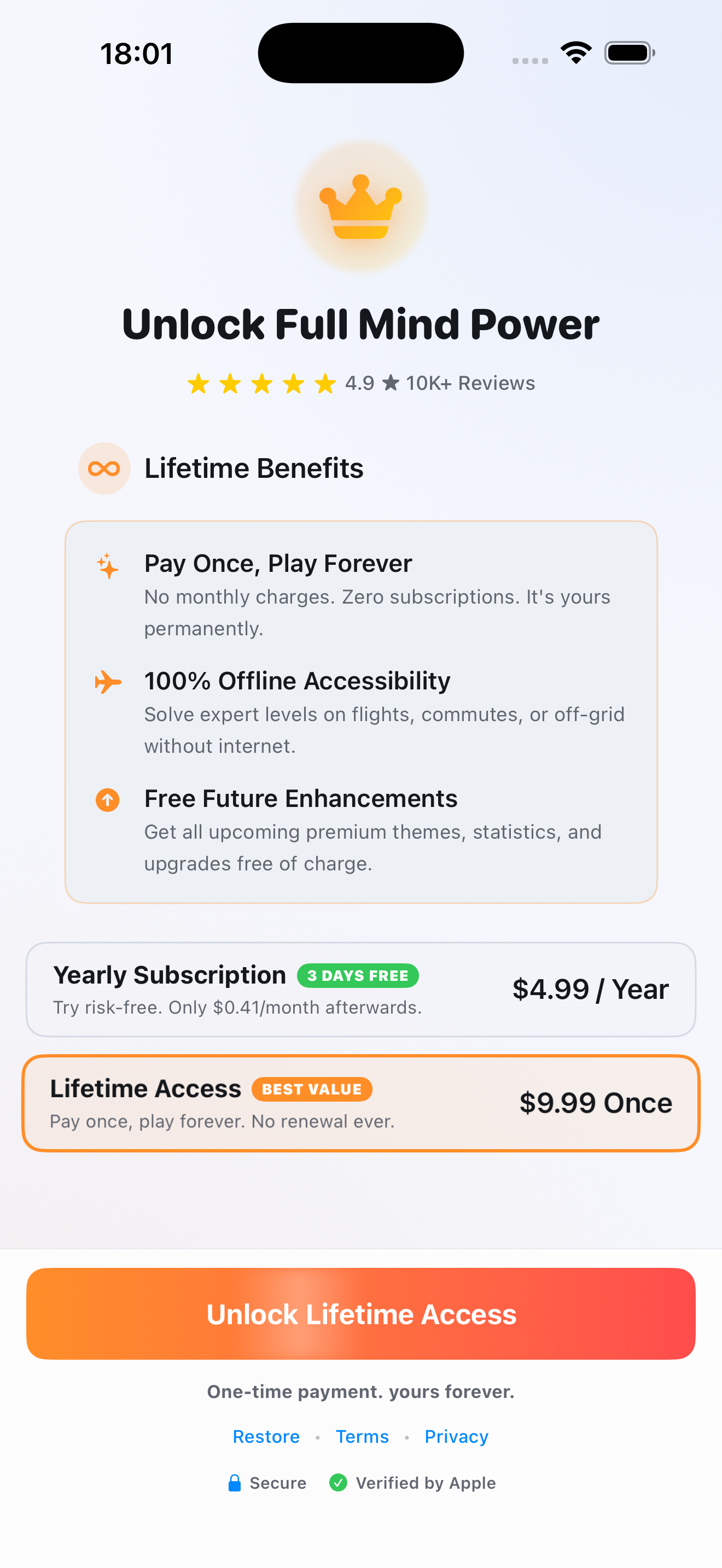 iSudoku premium subscription screen with clear trial timeline, Yearly plan, and Lifetime access privileges.